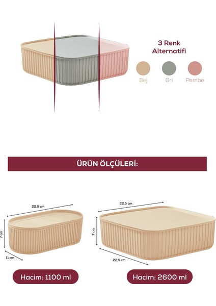 3'lü Elastik Bantlı Istiflenebilir Pratik Saklama Kabı Seti 2X(1100 Ml) 1X(2600 Ml) Bej