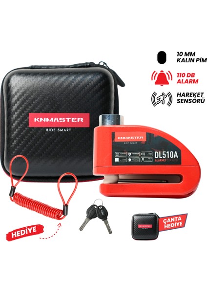 DL510A 10 mm Alarmlı Disk Kilidi | Hatırlatma Kablosu ve Taşıma Çantası Hediye | Kırmızı