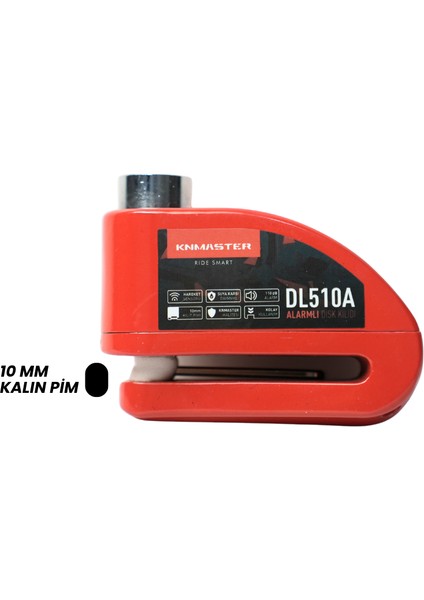 DL510A 10 mm Alarmlı Disk Kilidi | Hatırlatma Kablosu ve Taşıma Çantası Hediye | Kırmızı modelleri