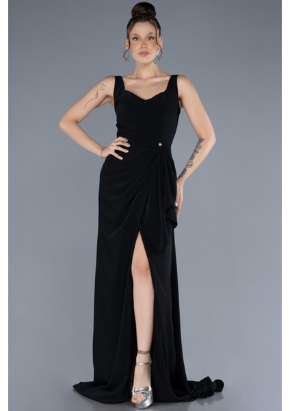 Bacak Dekolteli Kolsuz Uzun Kuyruklu Şifon Abiye ABU4621