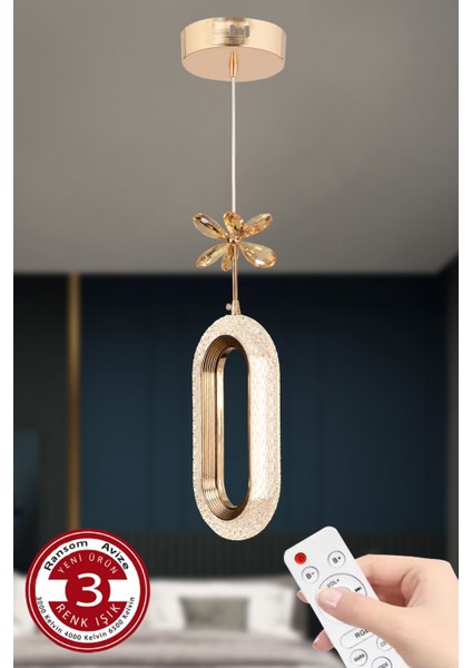 3 Renk Kumandalı Gold Kasa Elips LED Avize Tekli Modern Ledli Avize