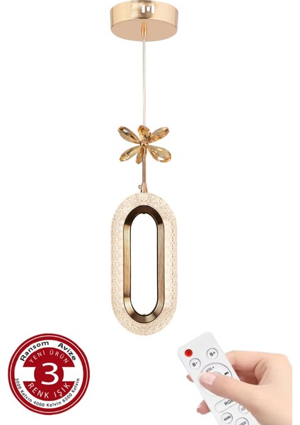 3 Renk Kumandalı Gold Kasa Elips LED Avize Tekli Modern Ledli Avize