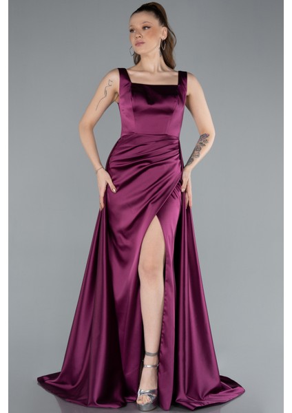 Yırtmaçlı Kare Yaka Kuyruklu Uzun Saten Abiye ABU4715