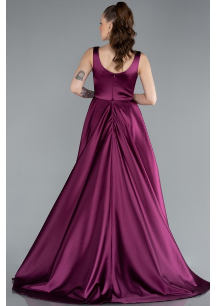 Yırtmaçlı Kare Yaka Kuyruklu Uzun Saten Abiye ABU4715 fiyatları