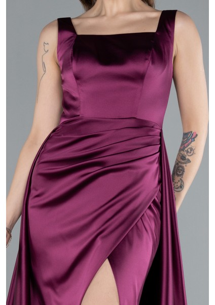 Yırtmaçlı Kare Yaka Kuyruklu Uzun Saten Abiye ABU4715 modelleri