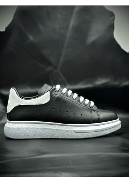 Erkek Hakiki Deri Sneakers Siyah Beyaz