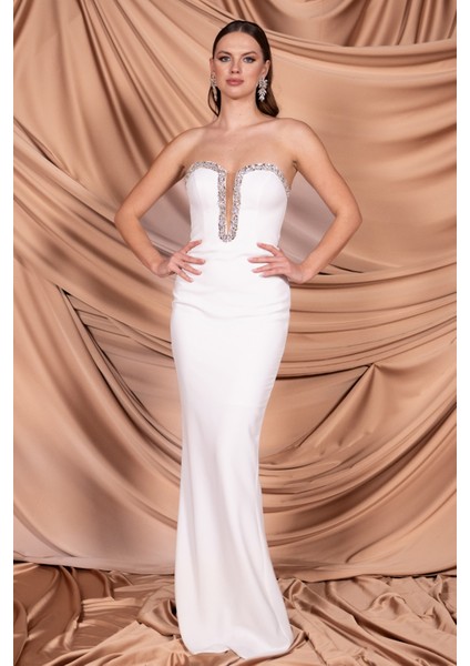 Taşlı Straplez Yaka Uzun Balık Abiye Elbise ABU4687