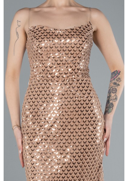 Straplez Pullu Midi Davet Elbisesi ABK2258