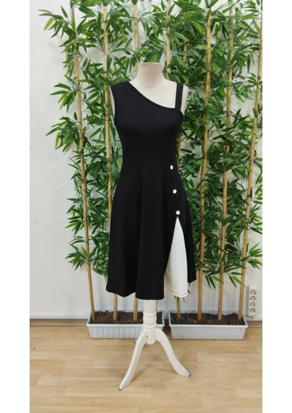 Kadın Tek Omuzu Şerit Detaylı Kolsuz Yandan Düğme Detaylı Janjan Krep Elbise (Büyük Bedenler Mevcut) fırsatları