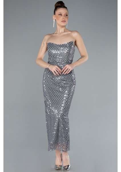 Straplez Pullu Midi Davet Elbisesi ABK2258