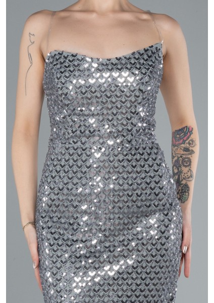 Straplez Pullu Midi Davet Elbisesi ABK2258