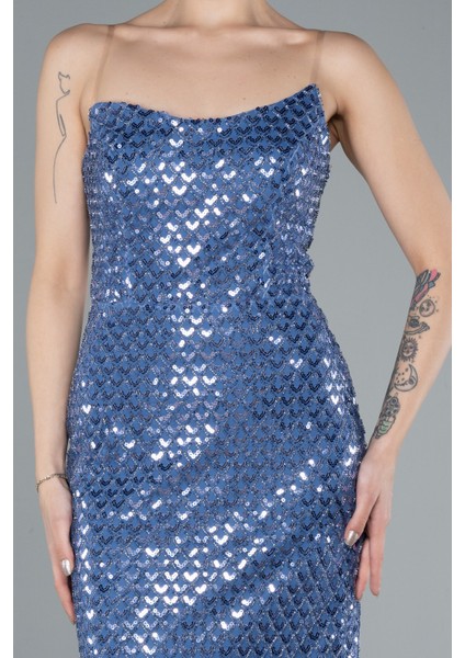 Straplez Pullu Midi Davet Elbisesi ABK2258