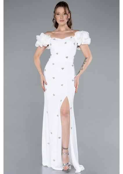 Kayık Yaka Yırtmaçlı Taş Detay Uzun Abiye ABU4696