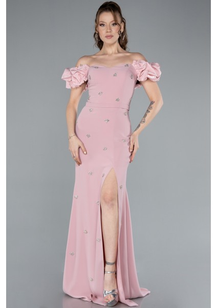 Kayık Yaka Yırtmaçlı Taş Detay Uzun Abiye ABU4696