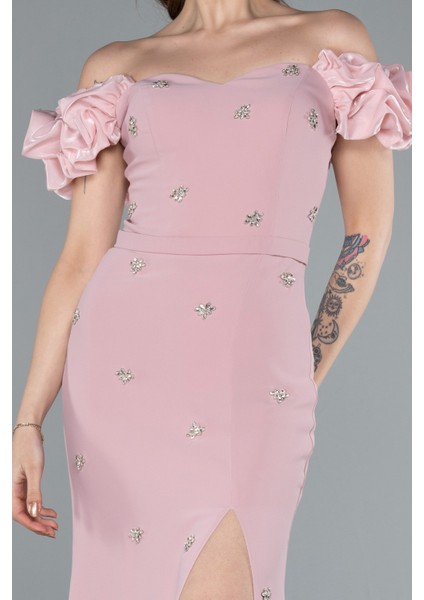 Kayık Yaka Yırtmaçlı Taş Detay Uzun Abiye ABU4696 modelleri