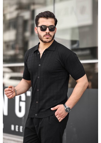 Erkek Siyah Örme Kumaş Gömlek
