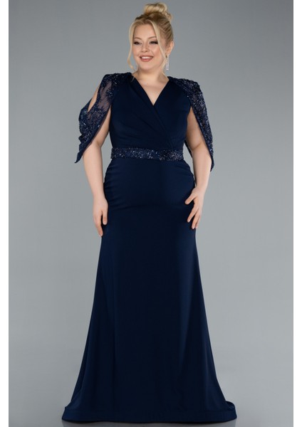 Taşlı Kol Detay Uzun Büyük Beden Abiye ABU4668