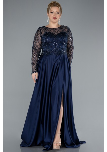 Boncuklu Uzun Kol Yırtmaçlı Saten Büyük Beden Abiye ABU4639