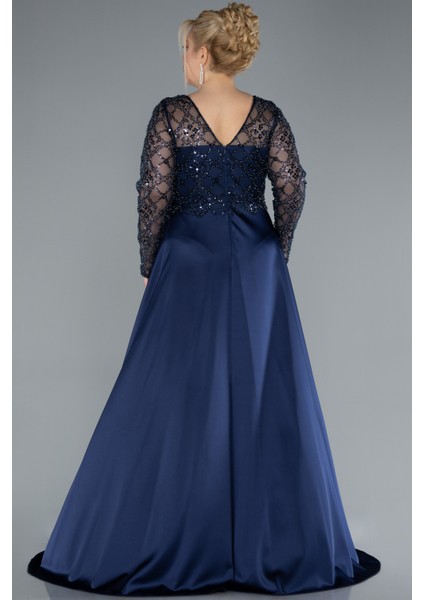 Boncuklu Uzun Kol Yırtmaçlı Saten Büyük Beden Abiye ABU4639 fiyatları