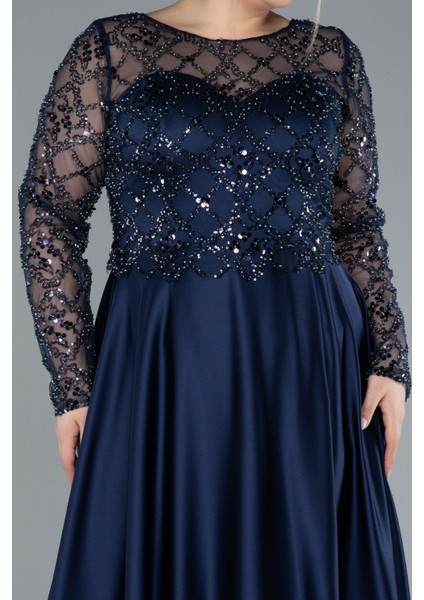 Boncuklu Uzun Kol Yırtmaçlı Saten Büyük Beden Abiye ABU4639 modelleri