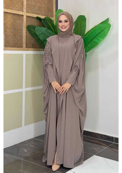 Kapüşonlu Abaya ve Elbise Ikili Takım 70013 Vizon