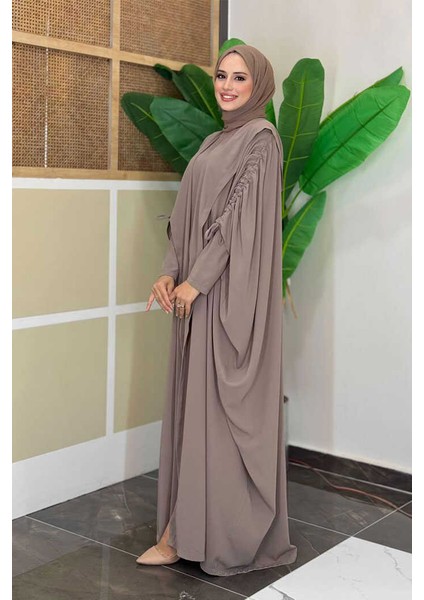 Kapüşonlu Abaya ve Elbise Ikili Takım 70013 Vizon modelleri