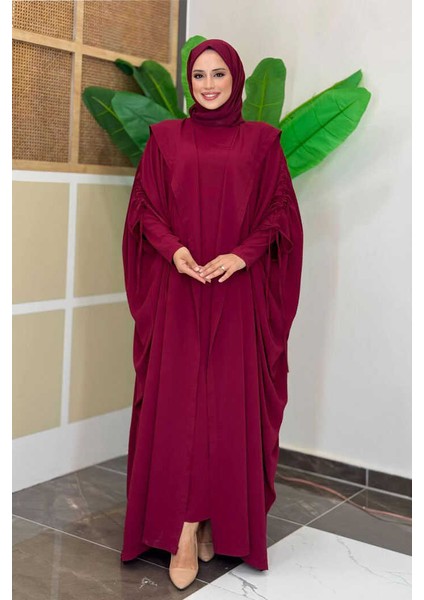 Kapüşonlu Abaya ve Elbise Ikili Takım 70013 Bordo