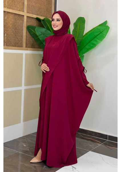 Kapüşonlu Abaya ve Elbise Ikili Takım 70013 Bordo fiyatları