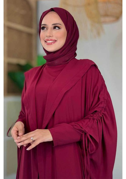 Kapüşonlu Abaya ve Elbise Ikili Takım 70013 Bordo fırsatları