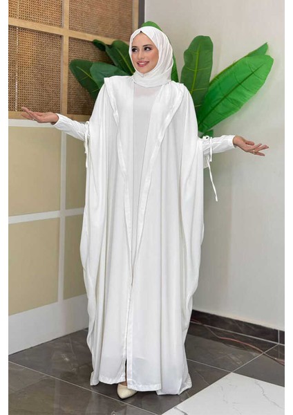 Kapüşonlu Abaya ve Elbise Ikili Takım 70013 Ekru fiyatları