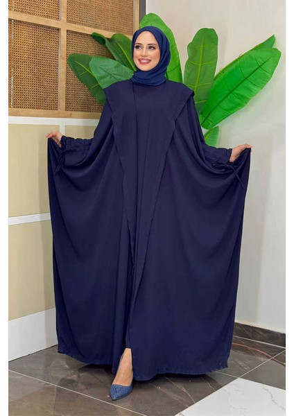 Kapüşonlu Abaya ve Elbise Ikili Takım 70013 Lacivert