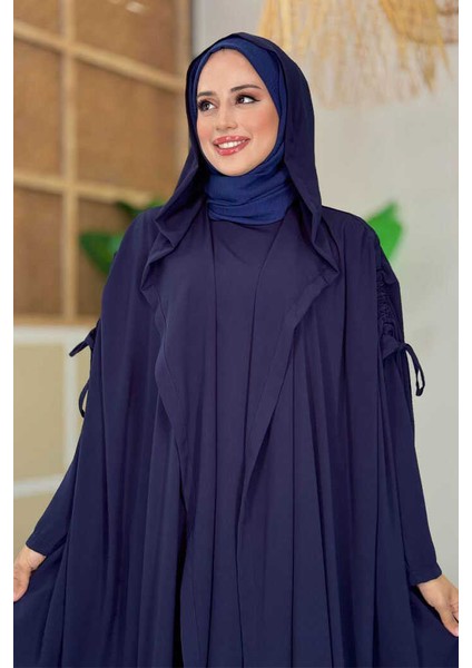 Kapüşonlu Abaya ve Elbise Ikili Takım 70013 Lacivert fırsatları