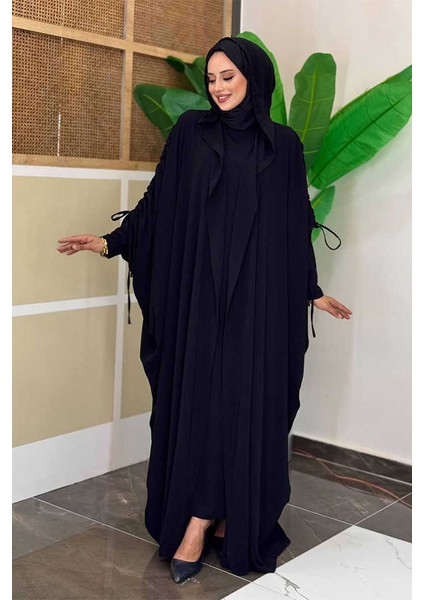 Kapüşonlu Abaya ve Elbise Ikili Takım 70013 Siyah
