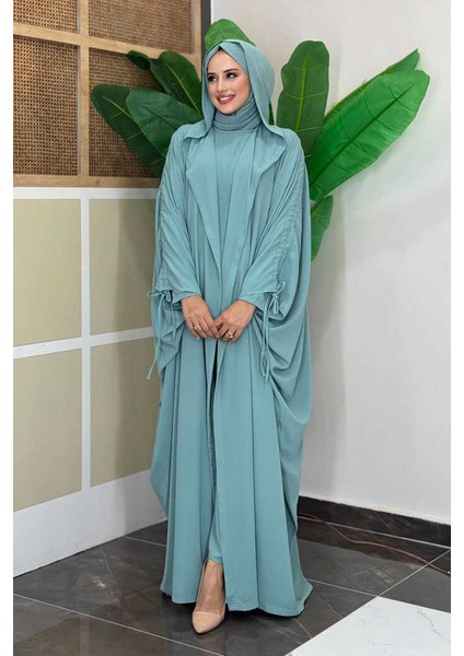 Kapüşonlu Abaya ve Elbise Ikili Takım 70013 Mint