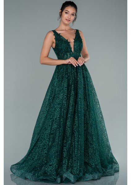 Kolsuz Sırt Dekolteli Uzun Simli Abiye ABU2131