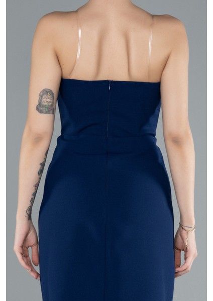 Straplez Yırtmaçlı Midi Davet Elbisesi ABK2254