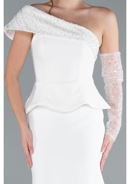 Pullu Tek Omuz Kollu Peplum Detay Uzun Abiye ABU4730
