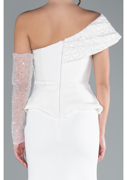 Pullu Tek Omuz Kollu Peplum Detay Uzun Abiye ABU4730