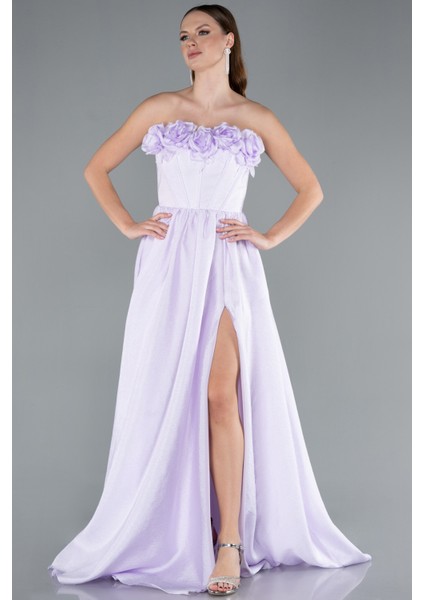 Çiçekli Straplez Yaka Yırtmaçlı Uzun Abiye ABU4337