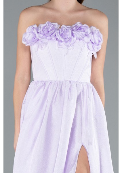 Çiçekli Straplez Yaka Yırtmaçlı Uzun Abiye ABU4337 modelleri