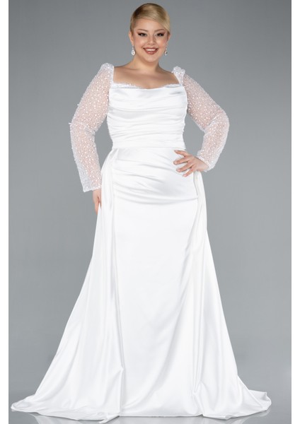 Pullu Uzun Kol Kuyruklu Saten Büyük Beden Abiye ABU4670