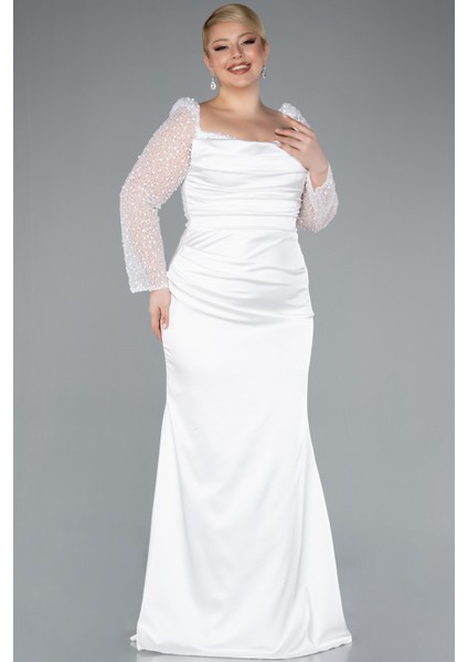 Pullu Uzun Kol Kuyruklu Saten Büyük Beden Abiye ABU4670 fiyatları