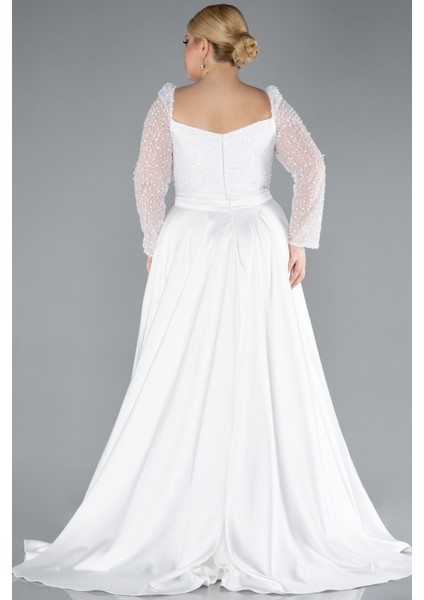 Pullu Uzun Kol Kuyruklu Saten Büyük Beden Abiye ABU4670 modelleri