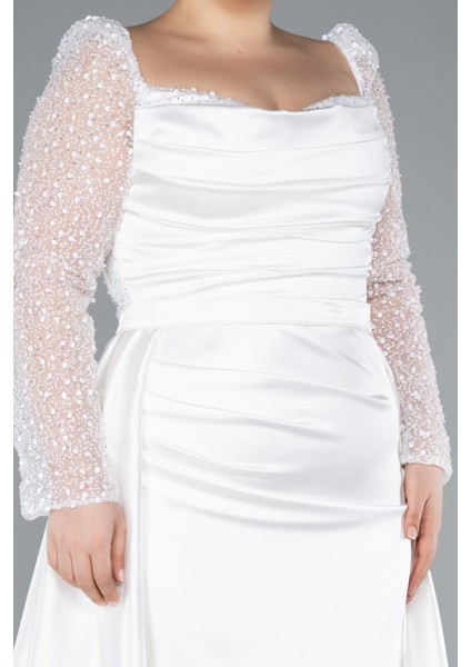 Pullu Uzun Kol Kuyruklu Saten Büyük Beden Abiye ABU4670 fırsatları