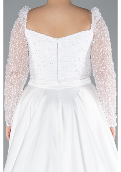 Pullu Uzun Kol Kuyruklu Saten Büyük Beden Abiye ABU4670 indirimleri