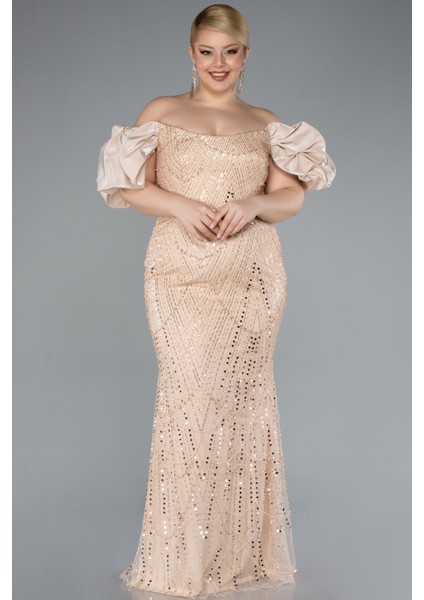 Kısa Kol Boncuklu Uzun Büyük Beden Abiye ABU4788