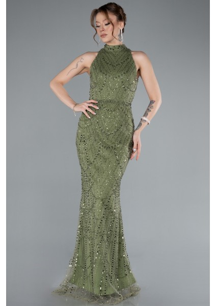 Halter Yaka Boncuklu Uzun Balık Abiye ABU4791