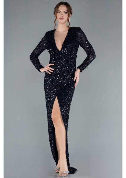 Uzun Kol V Yaka Yırtmaçlı Pullu Abiye Elbise ABU4763