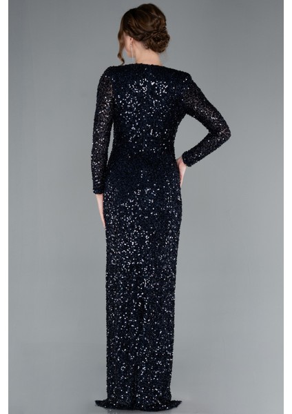 Uzun Kol V Yaka Yırtmaçlı Pullu Abiye Elbise ABU4763 fiyatları