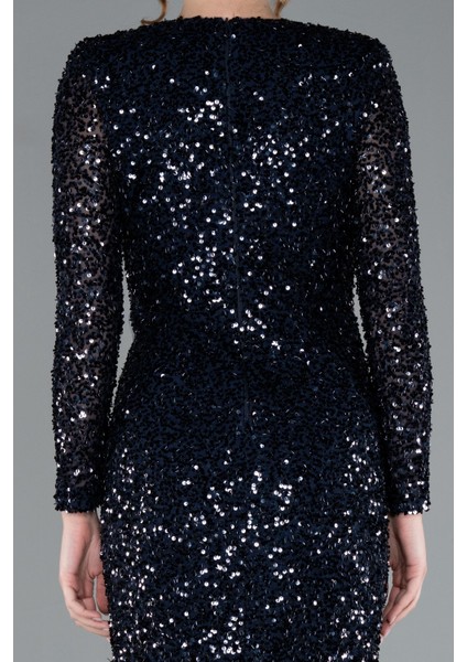 Uzun Kol V Yaka Yırtmaçlı Pullu Abiye Elbise ABU4763 fırsatları